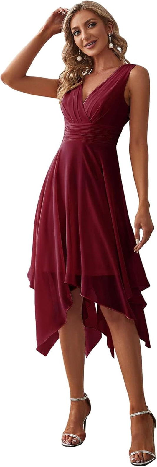 Women'S V Neck Pleated Waist Sleeveless Wedding Guest Dress Chiffon Irregular Hem Cocktail Dresses 03142