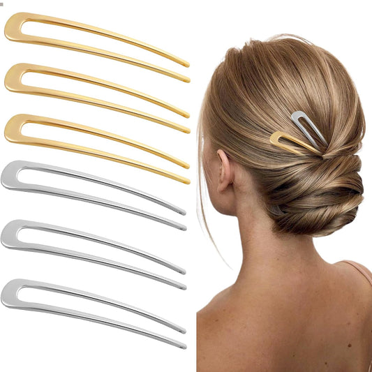 French Hair Pins for Women, 6 Pcs U-Shaped Metal Hair Pins and Forks for Women, 3.9 Inch Hair Sticks French Twist Hair Fork 2 Prong Sticks for Buns, Twists, Updos, Knots, and Wedding Hairstyles