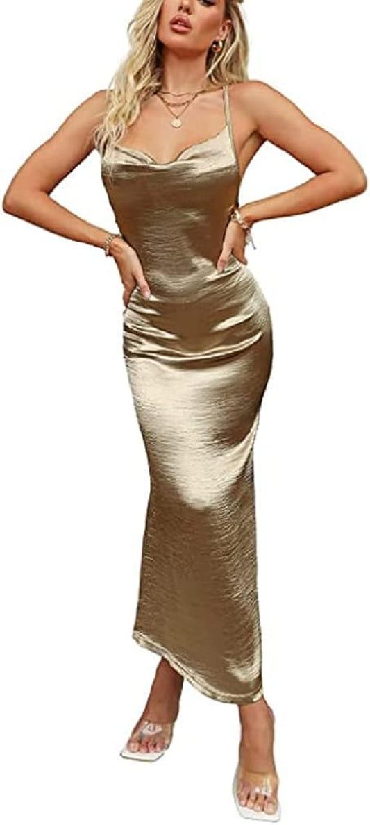 Women'S Satin Bodycon Sexy Elegant Spaghetti Strap Backless Long Midi Fishtail Dress for Evening Cocktail Party Prom Wedding