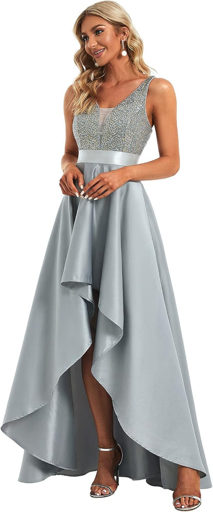 Women'S Glitter V-Neck A-Line High-Low Satin Prom Dress Ball Gowns for Women 00667