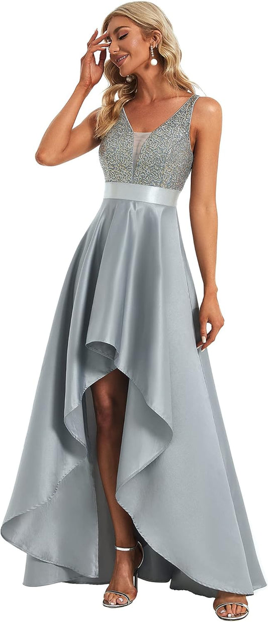 Women'S Glitter V-Neck A-Line High-Low Satin Prom Dress Ball Gowns for Women 00667