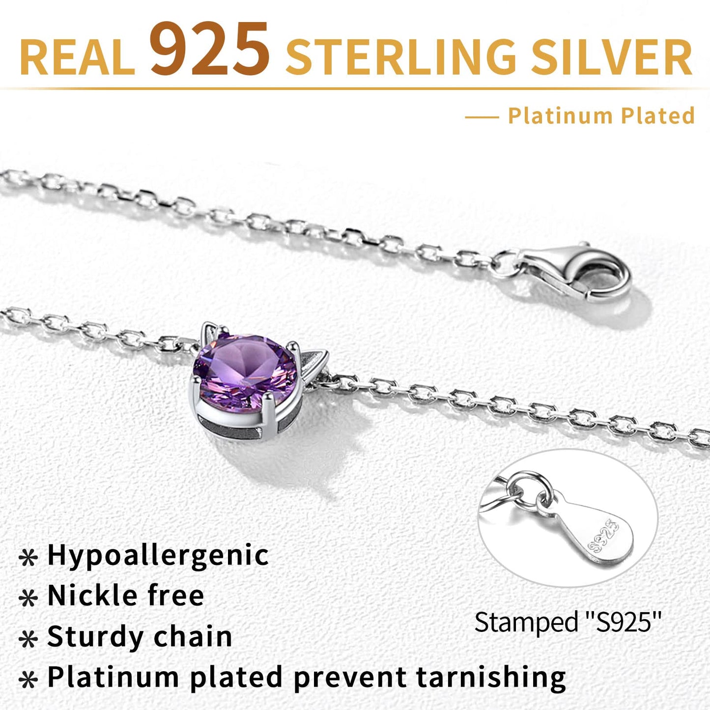 Cute 925 Gift Sterling Silver Kitty Necklace Sweet Cartoon Cat Necklaces Birthstone Jewelry for Girlfriend Daughter Little Sister